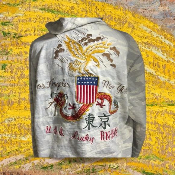 Lucky Brand Vintage Inspired Light Gray Camo Zip Up Embroidered Large Hoodie - Picture 4 of 16